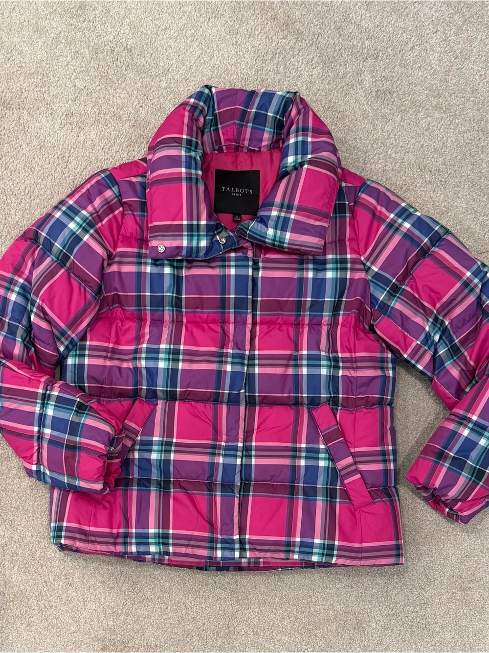 Talbots Women’s Hot Pink & Navy Plaid Puffer Jacket